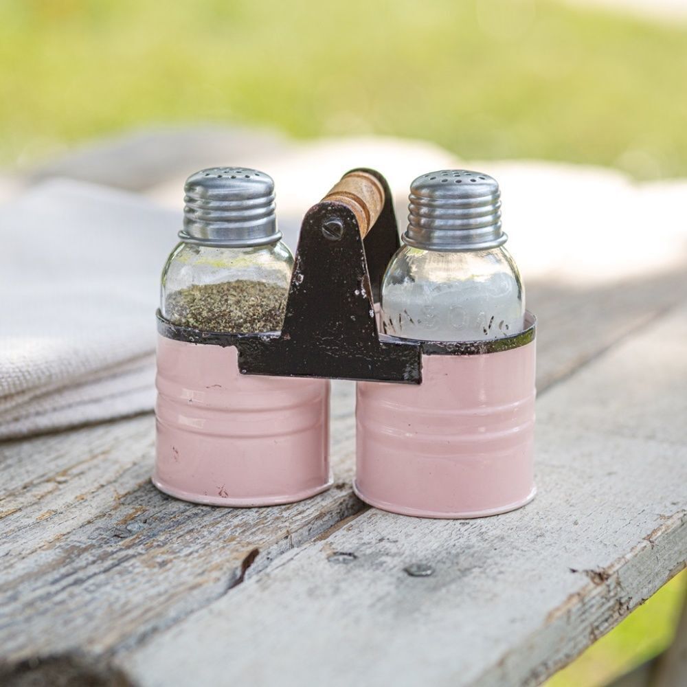 NEW! Farmhouse Pink Distressed Bucket Mason Jar Salt and Pepper Caddy with Jars